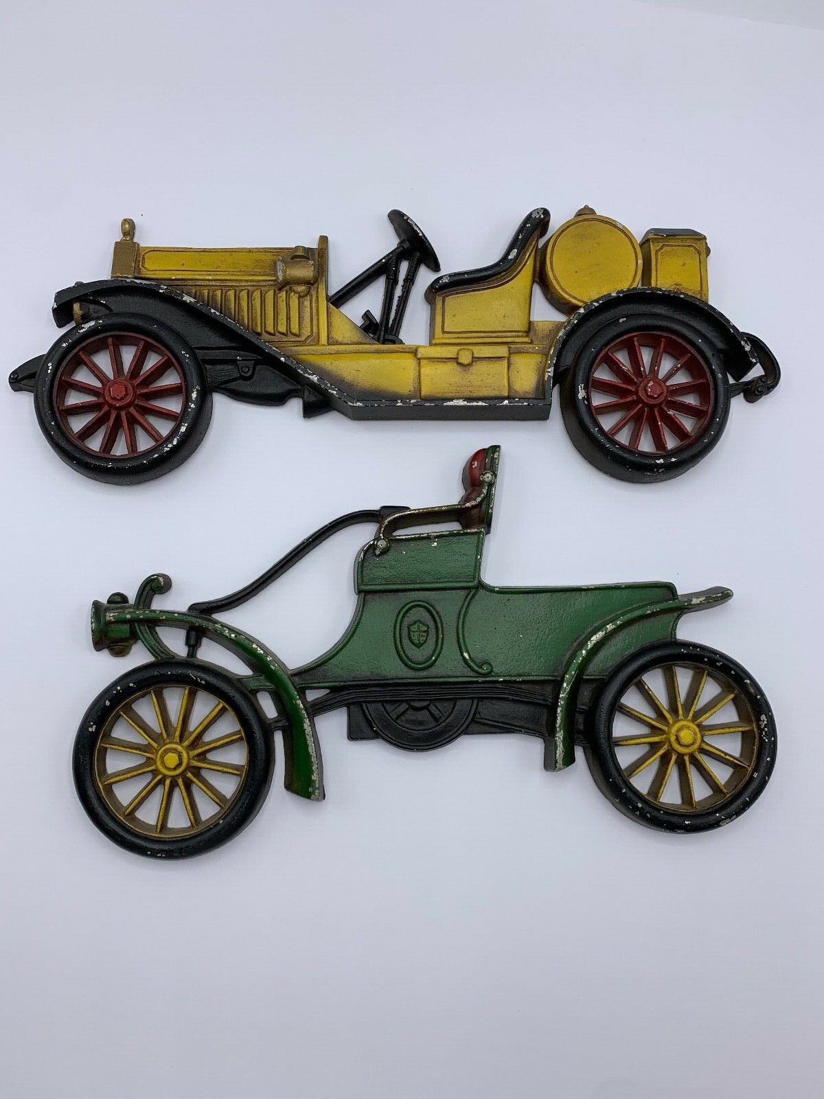 Antique Motor Car 2 VTG SEXTON Wall Hanging Car Set Metal Decor Plaque USA