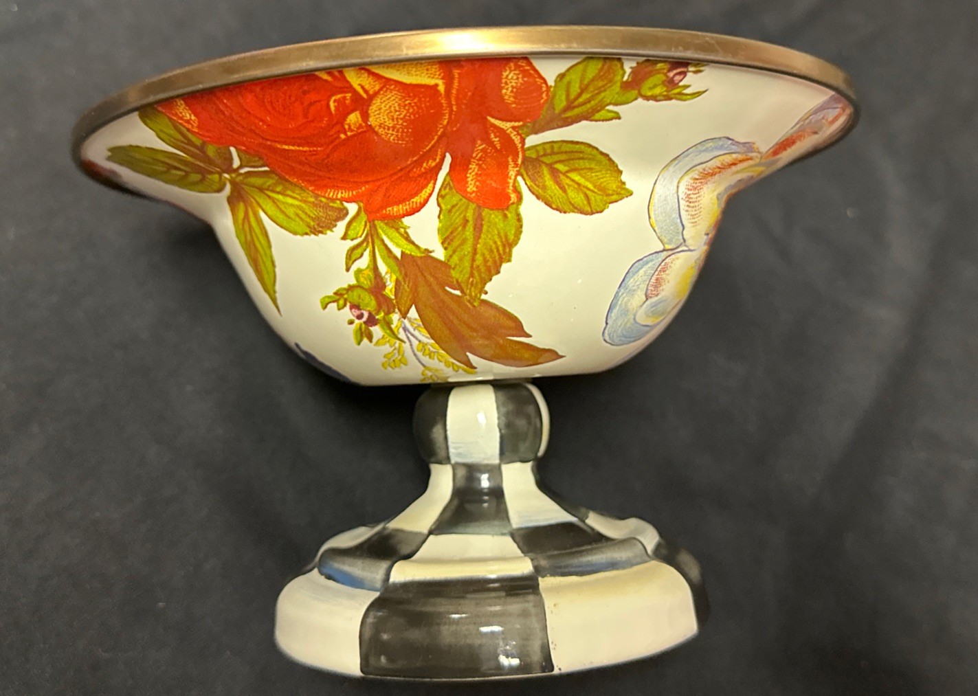MACKENZIE-CHILDS CHECKERED/FLOWER MARKET COURTLY SMALL PEDESTAL COMPOTE