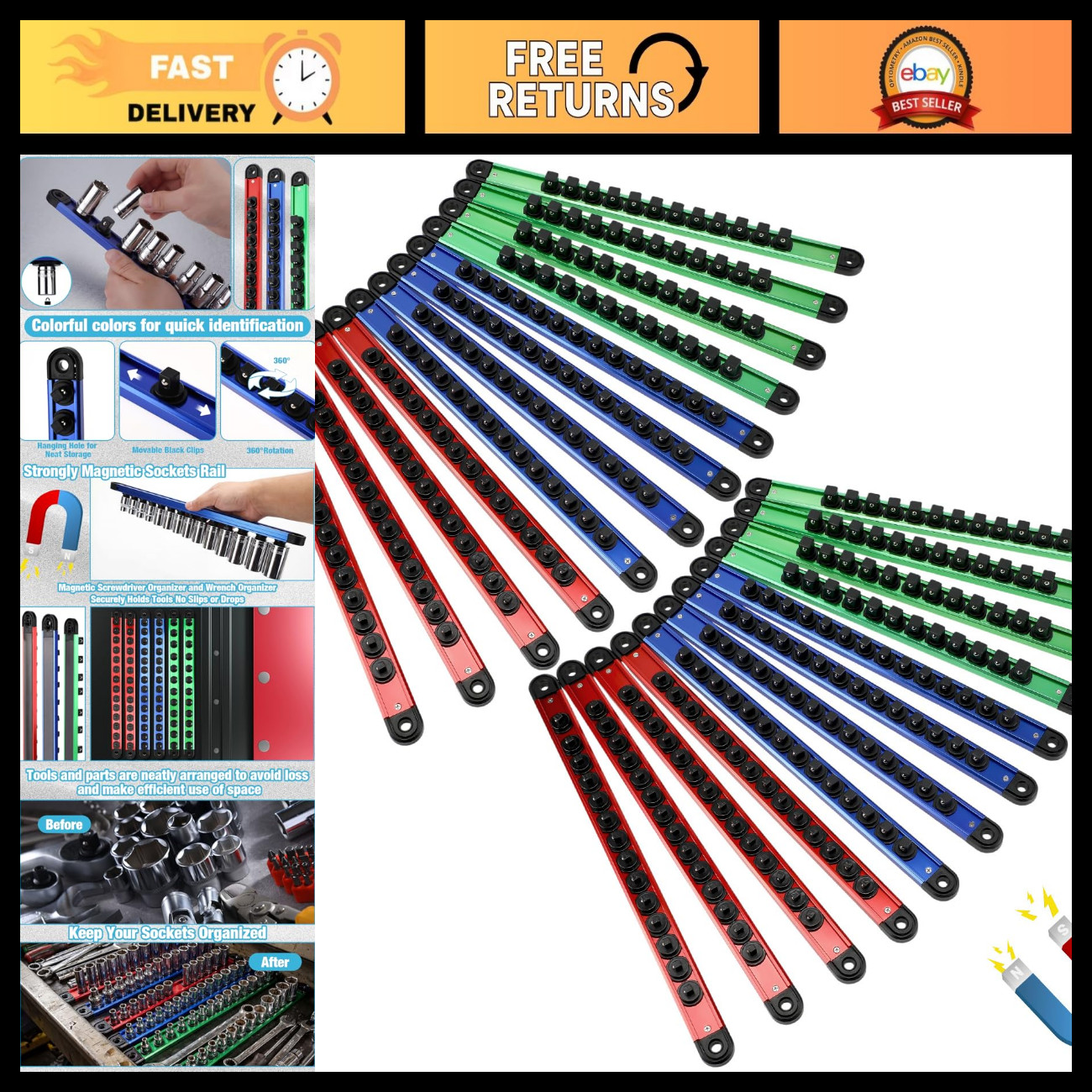 24 Piece Magnetic Socket Organizer Set, Heavy Duty Socket Holder, Sockets Rack K