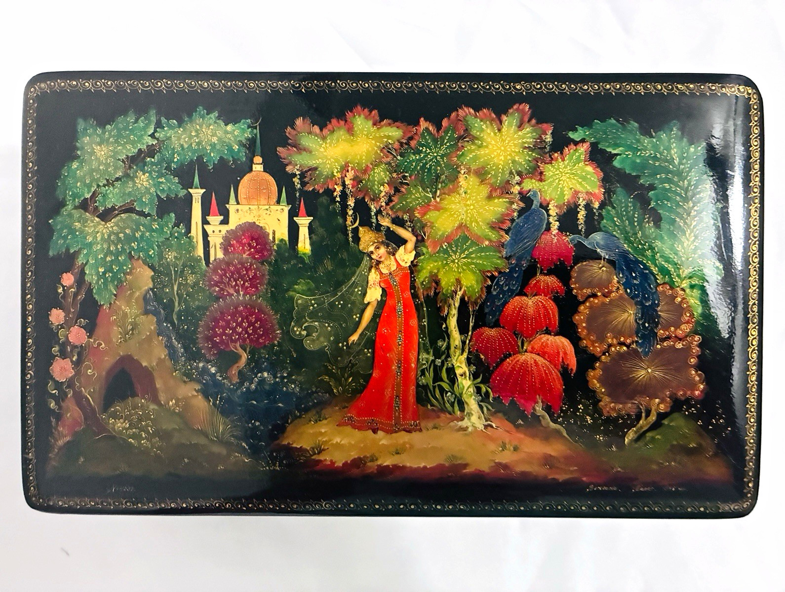 Hand Painted Russian Palekh Lacquered Hinged Box Rectangular Black Red 1956