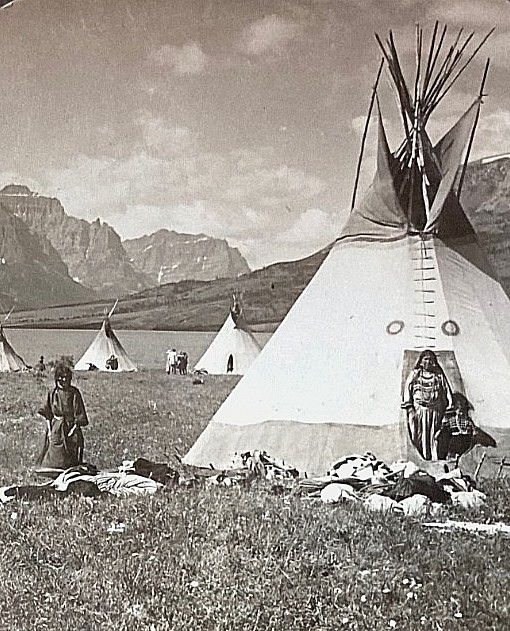 ORIGINAL  BLACKFEET INDIANS with TIPIS in MONTANA 1910 STEREOVIEW PHOTO