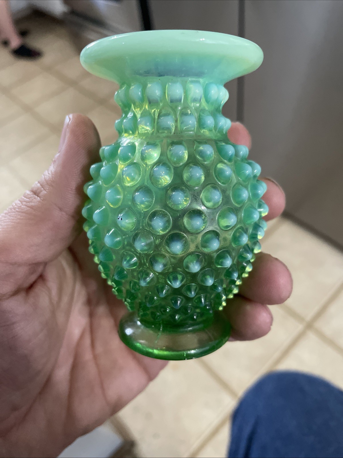 Vintage Mini Fenton Green UV Uranium Opalescent Hobnail Vase Smooth Rim 3.75” Vintage Mini Fenton Green UV Uranium Opalescent Hobnail Vase Smooth Rim 3.75”