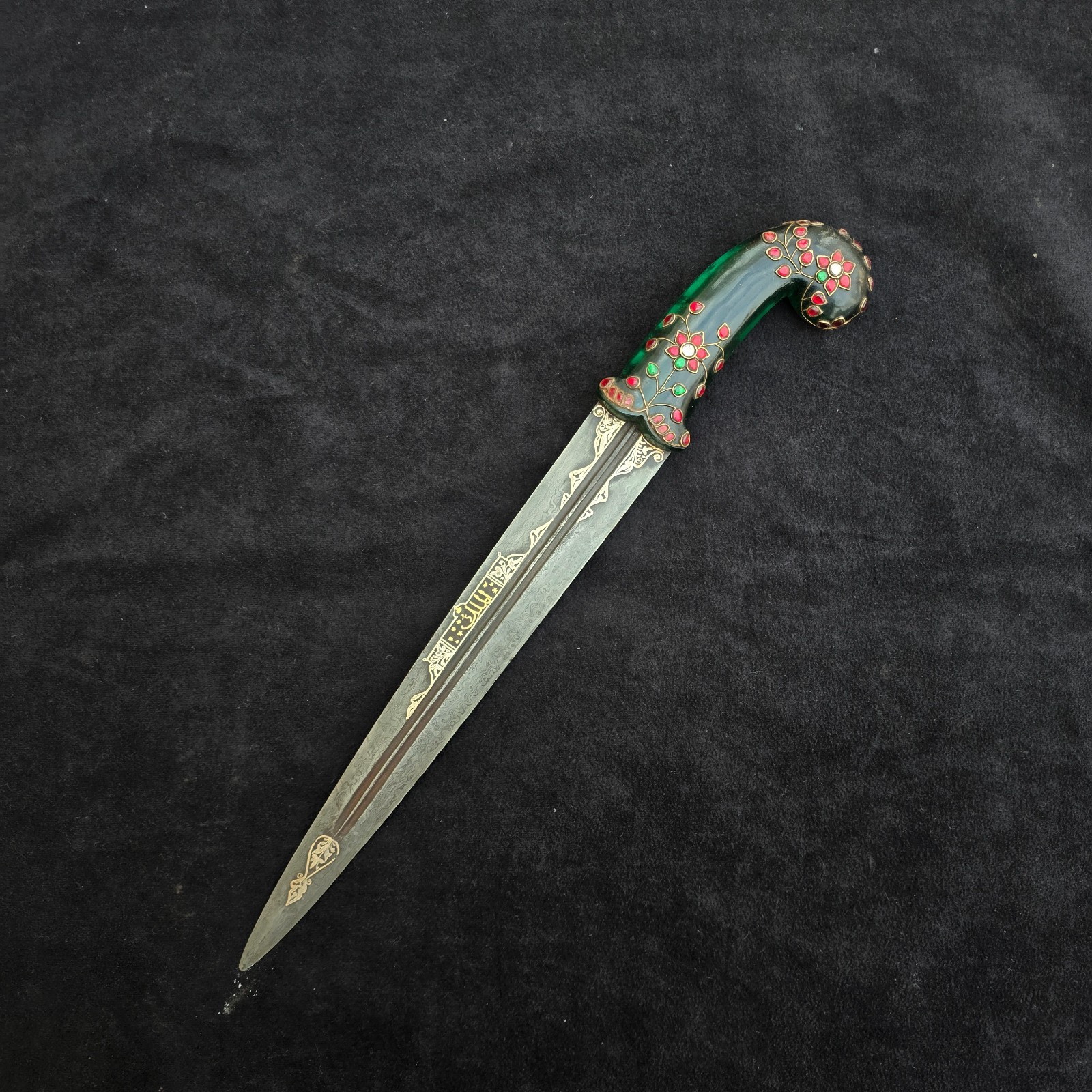 Vintage Indo-Persian Emerald Glass gem setted Gold damascened Kindjal dagger