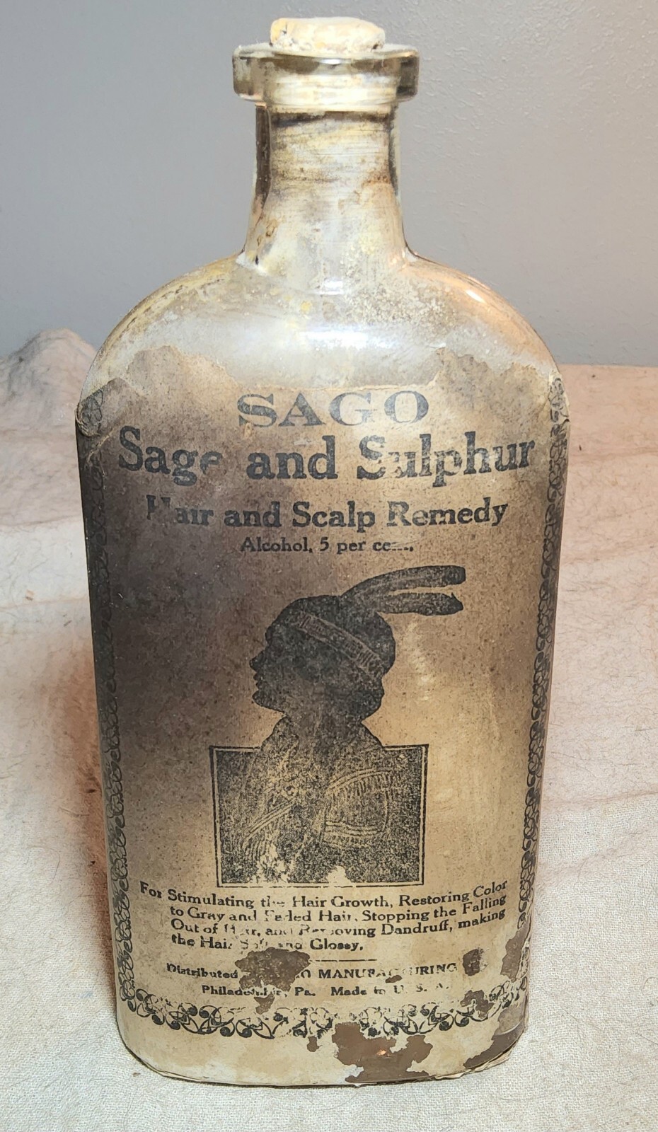 ANTIQUE SAGO SAGE AND SULPHUR HAIR AND SCALP REMEDY BOTTLE w/ WRAP-AROUND LABEL