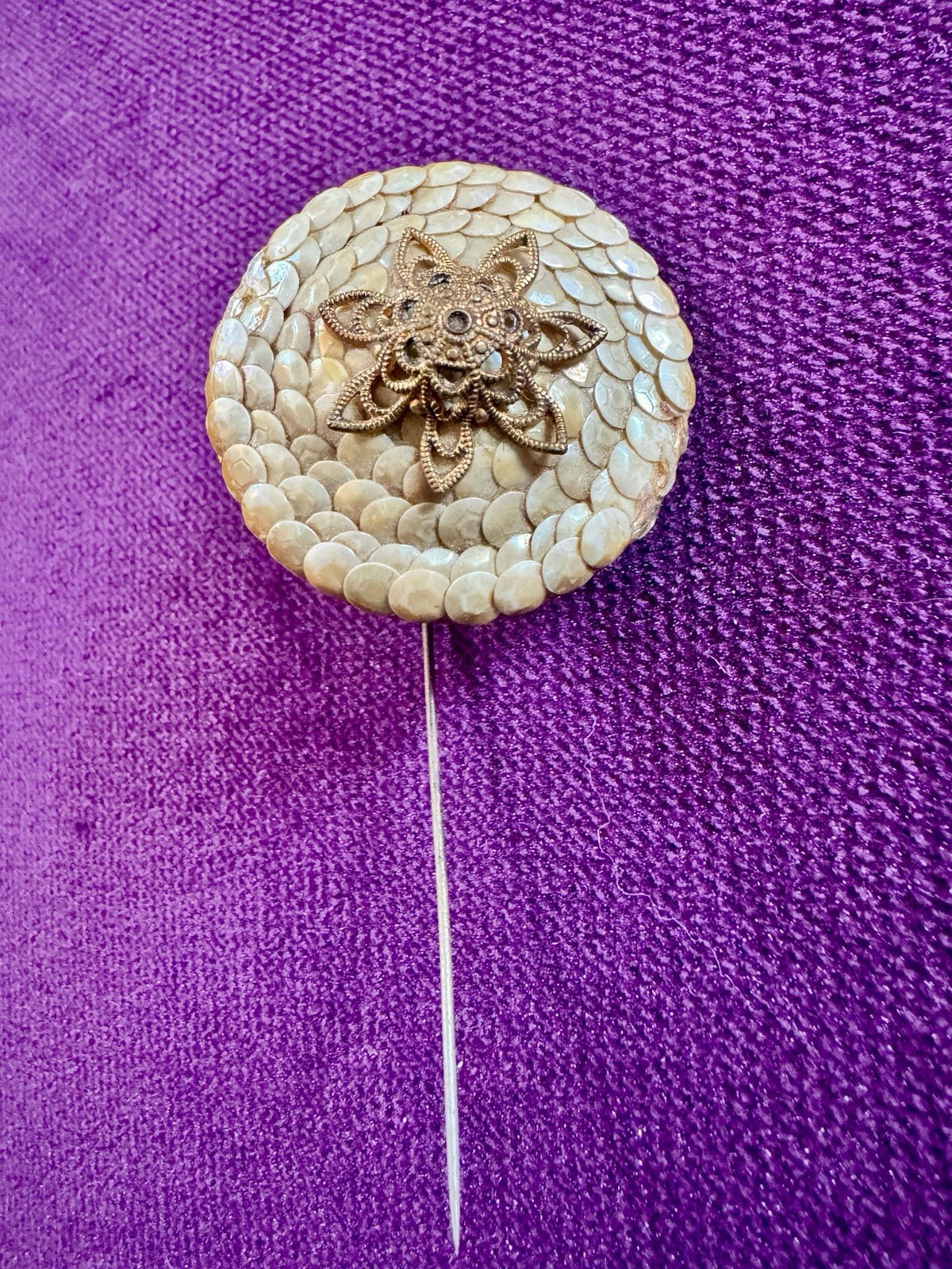 Antique Victorian Fish Scale Hatpin Filigree Brass Flower Stickpin Novelty Art 