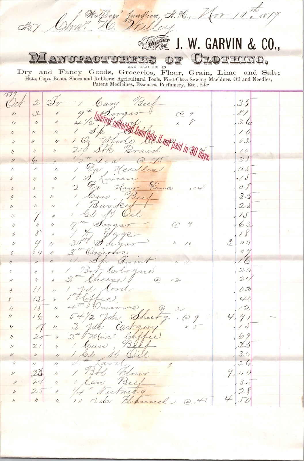 JW Garvin & Co 1879 Wolfboro Junction NH Antique Letterhead Billhead TB1 JW Garvin & Co 1879 Wolfboro Junction NH Antique Letterhead Billhead TB1