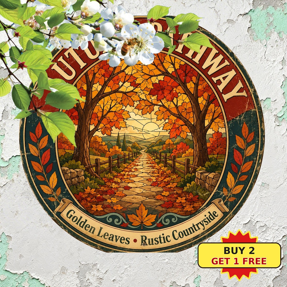 Autumn Tree Pathway Vibrant Leaves Style Round Metal Tin Sign Decor
