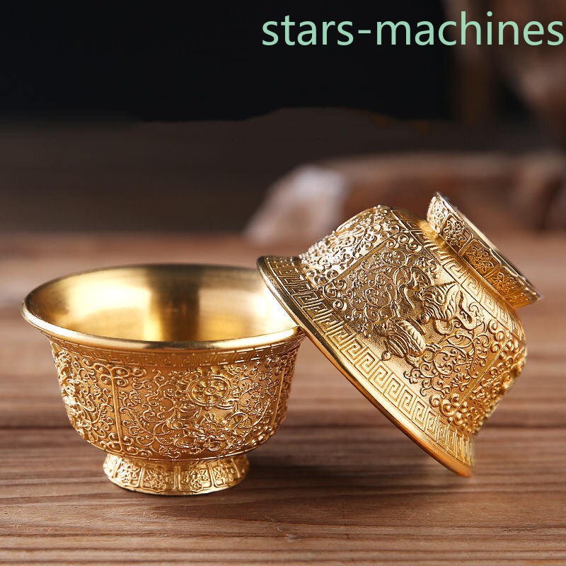 2pc Engraving Buddhism Bowl Bronze Auspicious Tibetan Holy Water Cup Handicraft