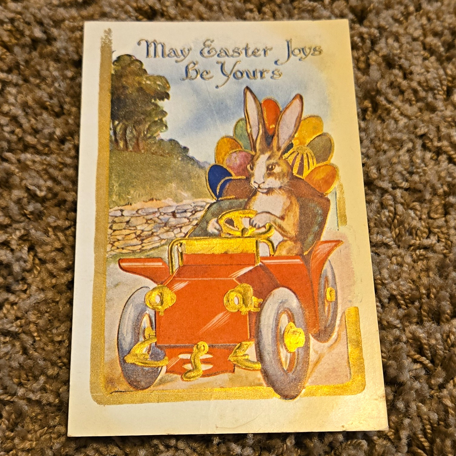 Antique Easter Postcard Rabbit Driving Red Car Antique Easter Postcard Rabbit Driving Red Car