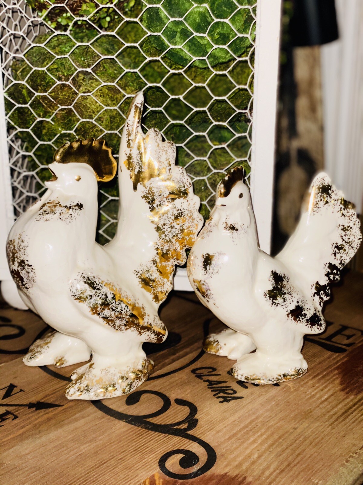 Vintage Pair White Porcelain/GoldGilt Accent Rooster/Hen HandPainted Figurines