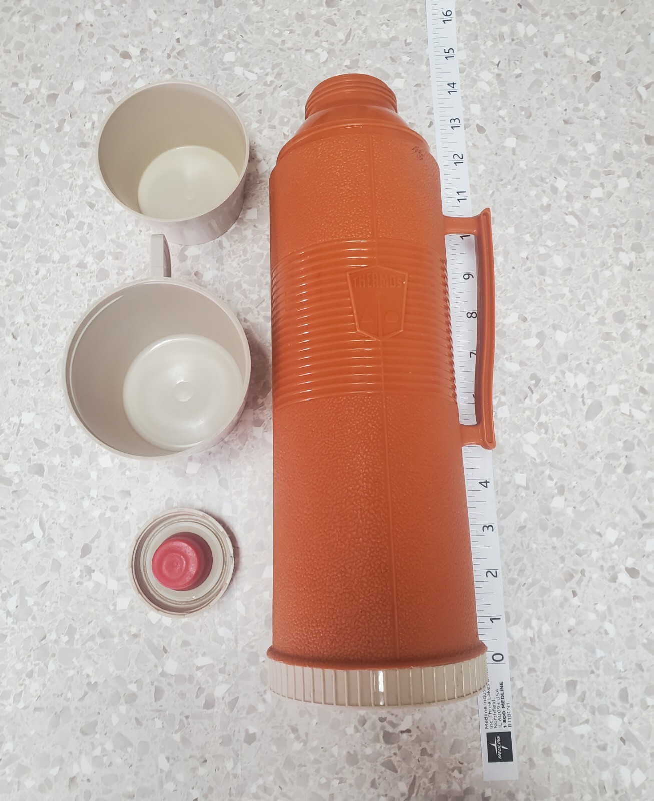 Vintage Thermos Model 2402 Vacuum Bottle Orange/Tan  4 Hot&Cold Made In Canada