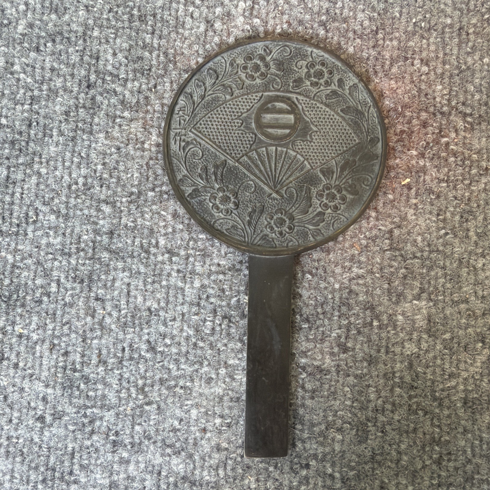 Antique Japanese Bronze E-Kagami Hand Mirror Fan Floral Design 8” Vintage Antique Japanese Bronze E-Kagami Hand Mirror Fan Floral Design 8” Vintage