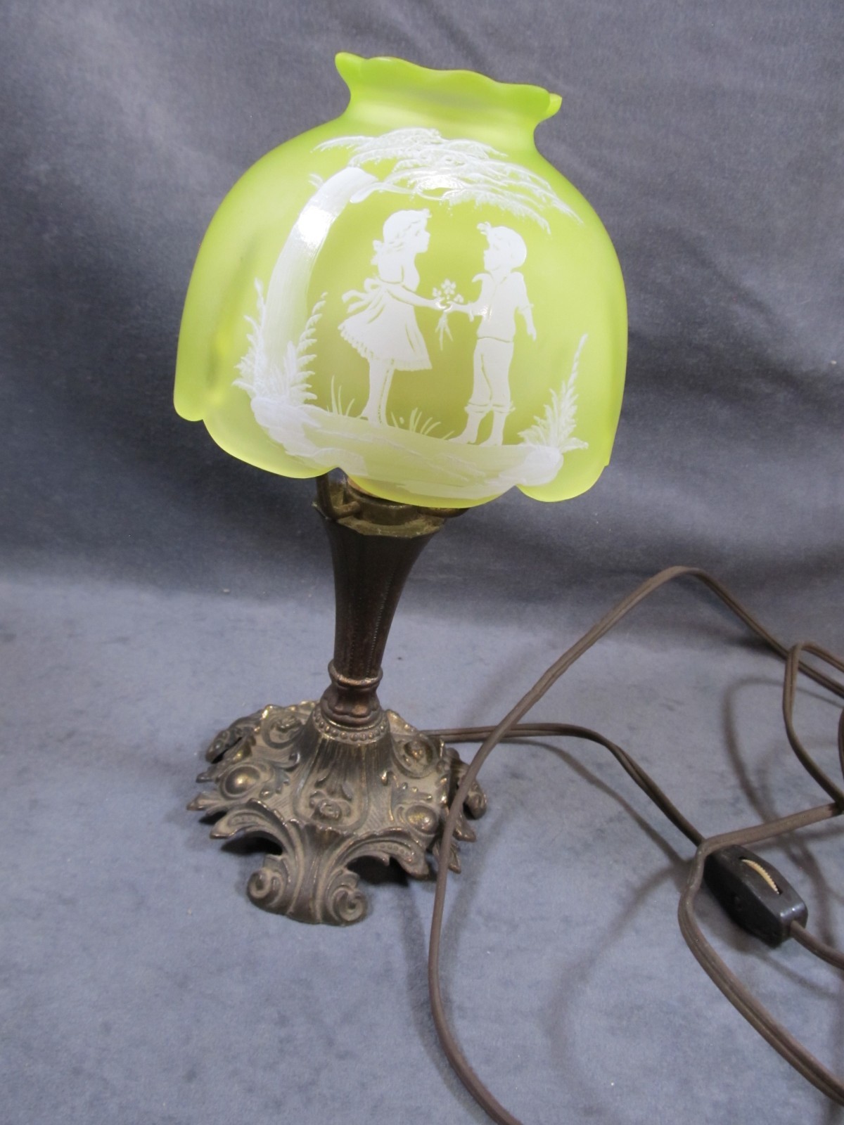 Westmoreland Glass Hand Painted Mary Gregory Vaseline Electric Lamp Westmoreland Glass Hand Painted Mary Gregory Vaseline Electric Lamp