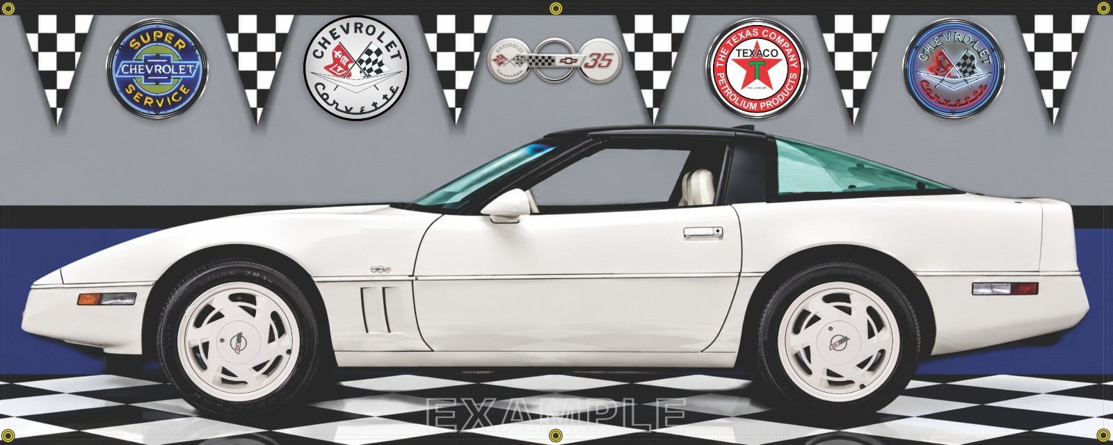 1988 CHEVROLET Z01 CORVETTE 35TH ANNIVERSARY WHITE CAR GARAGE SCENE BANNER SIGN