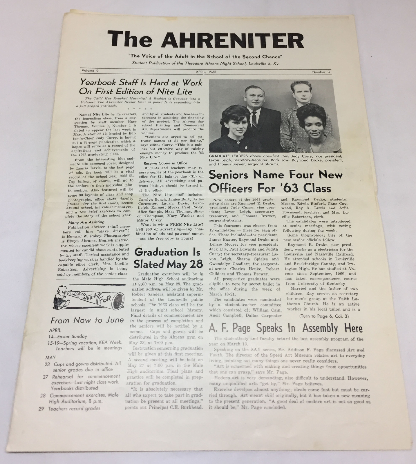 April 1963 Theodore Ahrens Night School, Louisville, KY~ AHRENITER student paper