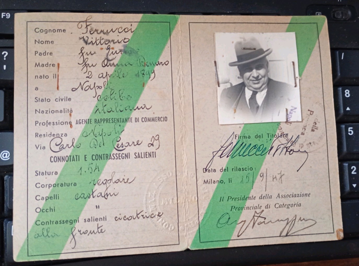 card naples national federation trade agents photo stamp signatures 1947 
