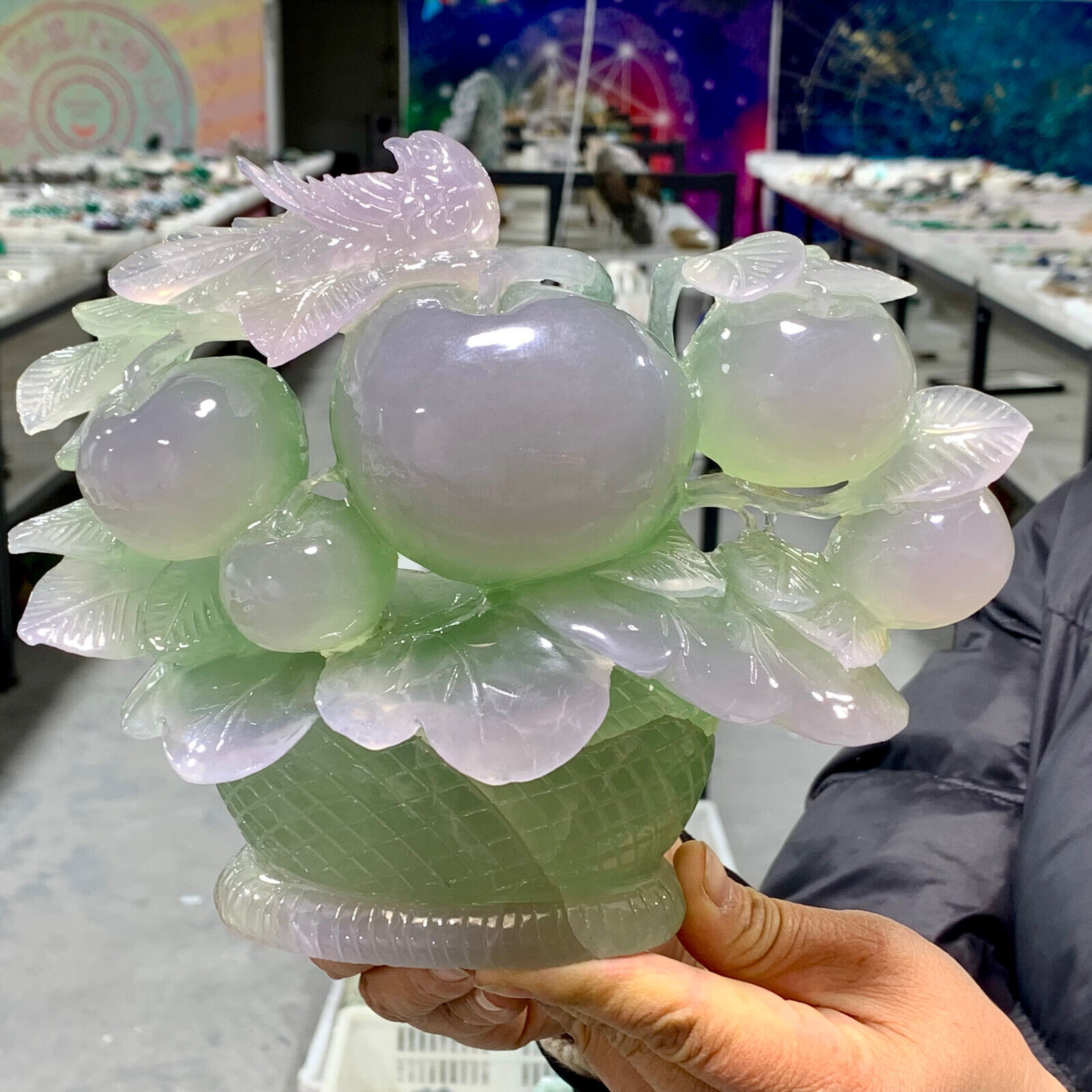 5.85LB Natural purple green fluorite carving safe peaceful Apple crystal reiki