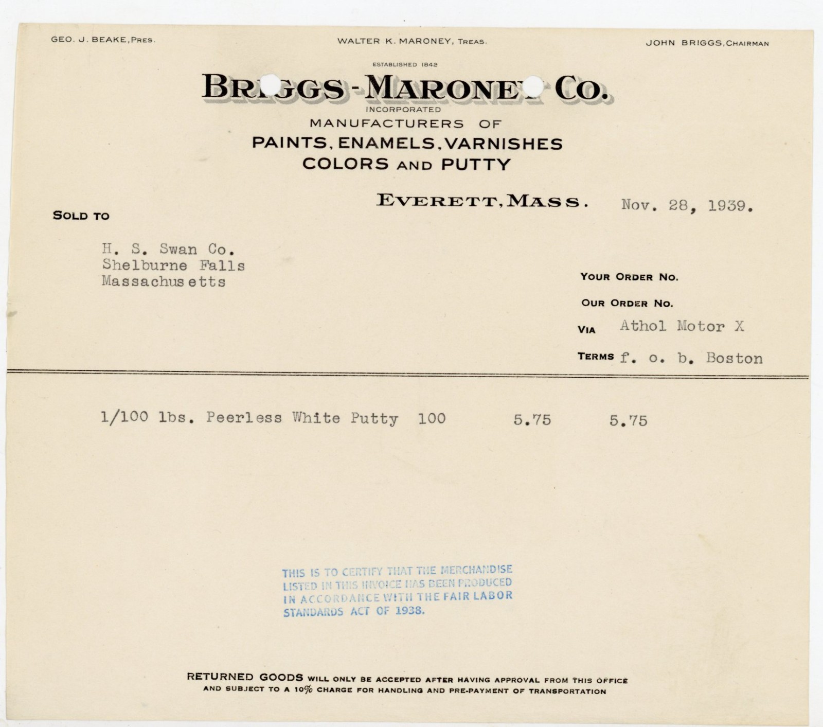 1939 Briggs-Marone Co Paint Putty Invoice Everett MA to Shelburne Falls Ephemera 1939 Briggs-Marone Co Paint Putty Invoice Everett MA to Shelburne Falls Ephemera