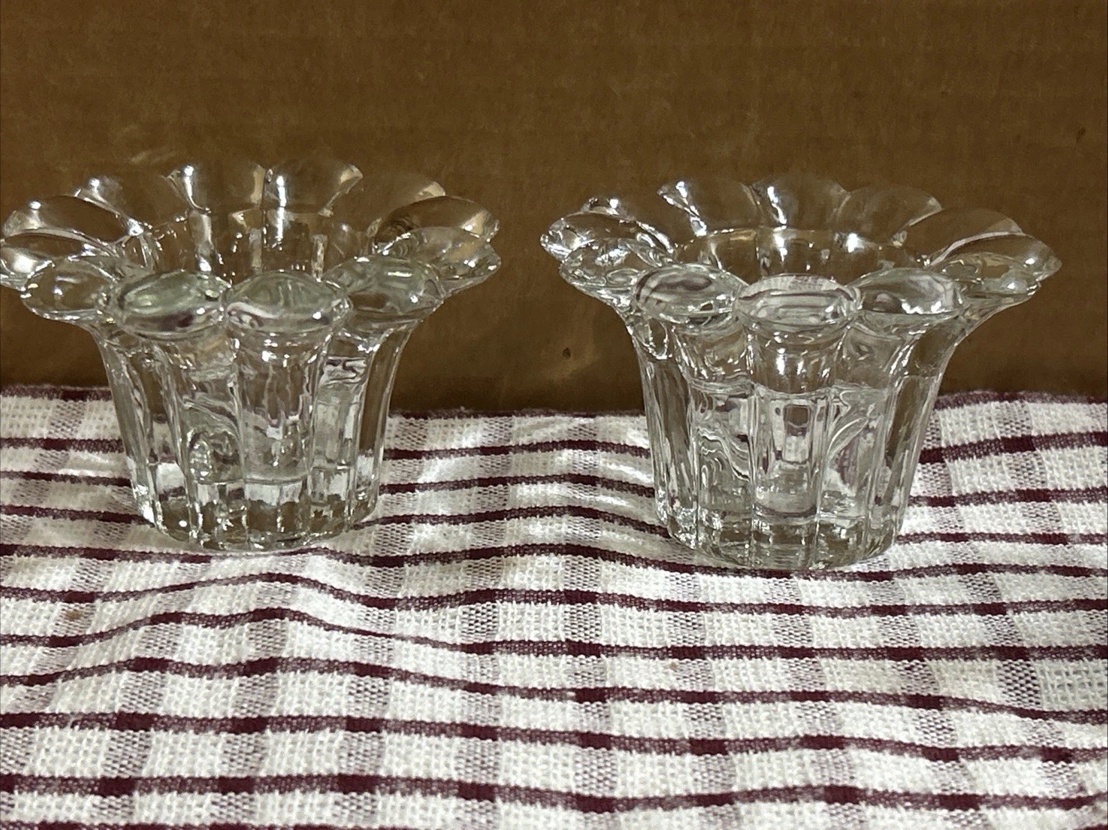 2 Pcs KIG Malaysia Candle Holders Clear Glass Petal Shape Taper/Votive EUC 2 Pcs KIG Malaysia Candle Holders Clear Glass Petal Shape Taper/Votive EUC
