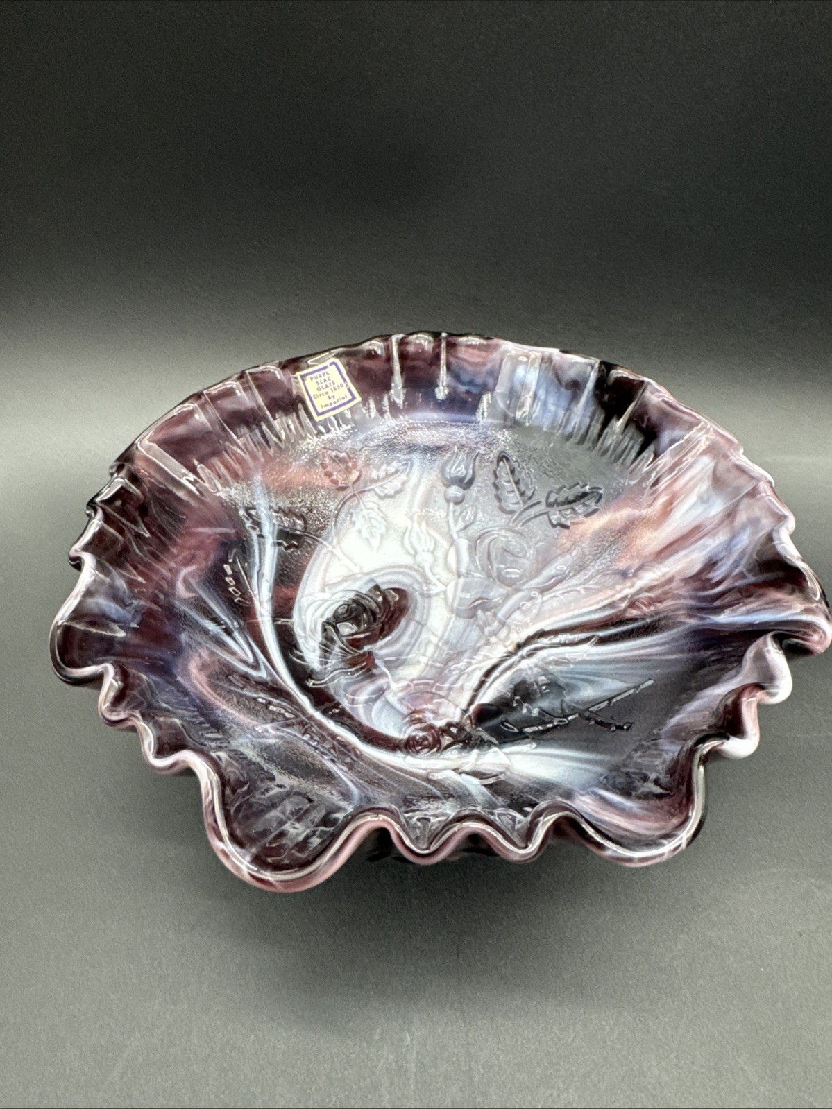 VTG Imperial Slag Amethyst Purple Rose Floral Embossed Footed Ruffle Bowl NOS