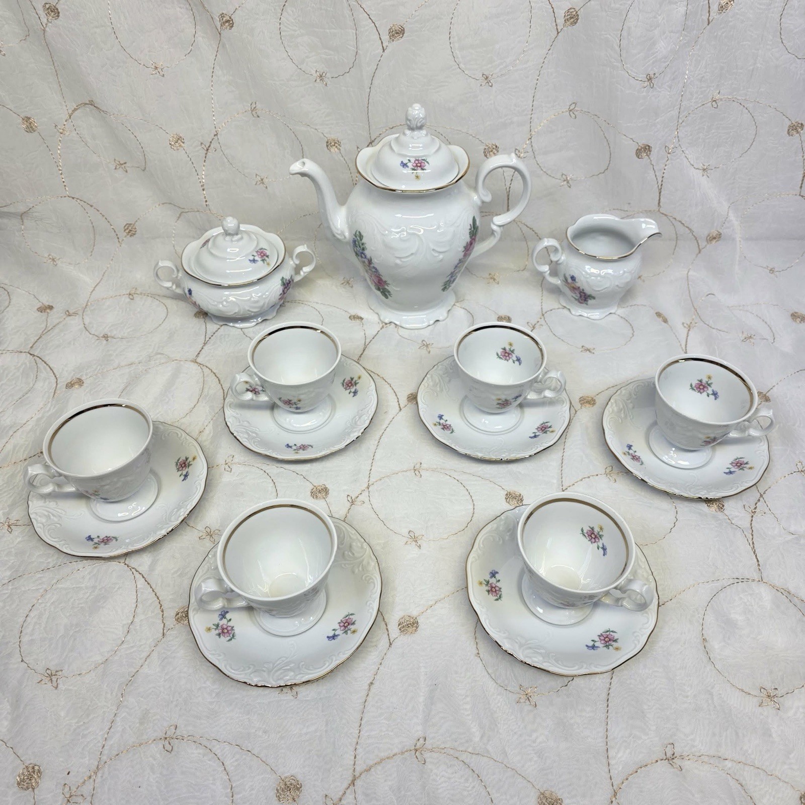 Vintage Wawel Poland Rococo Porcelain Tea Set White Floral Gold Trim 15 Pc