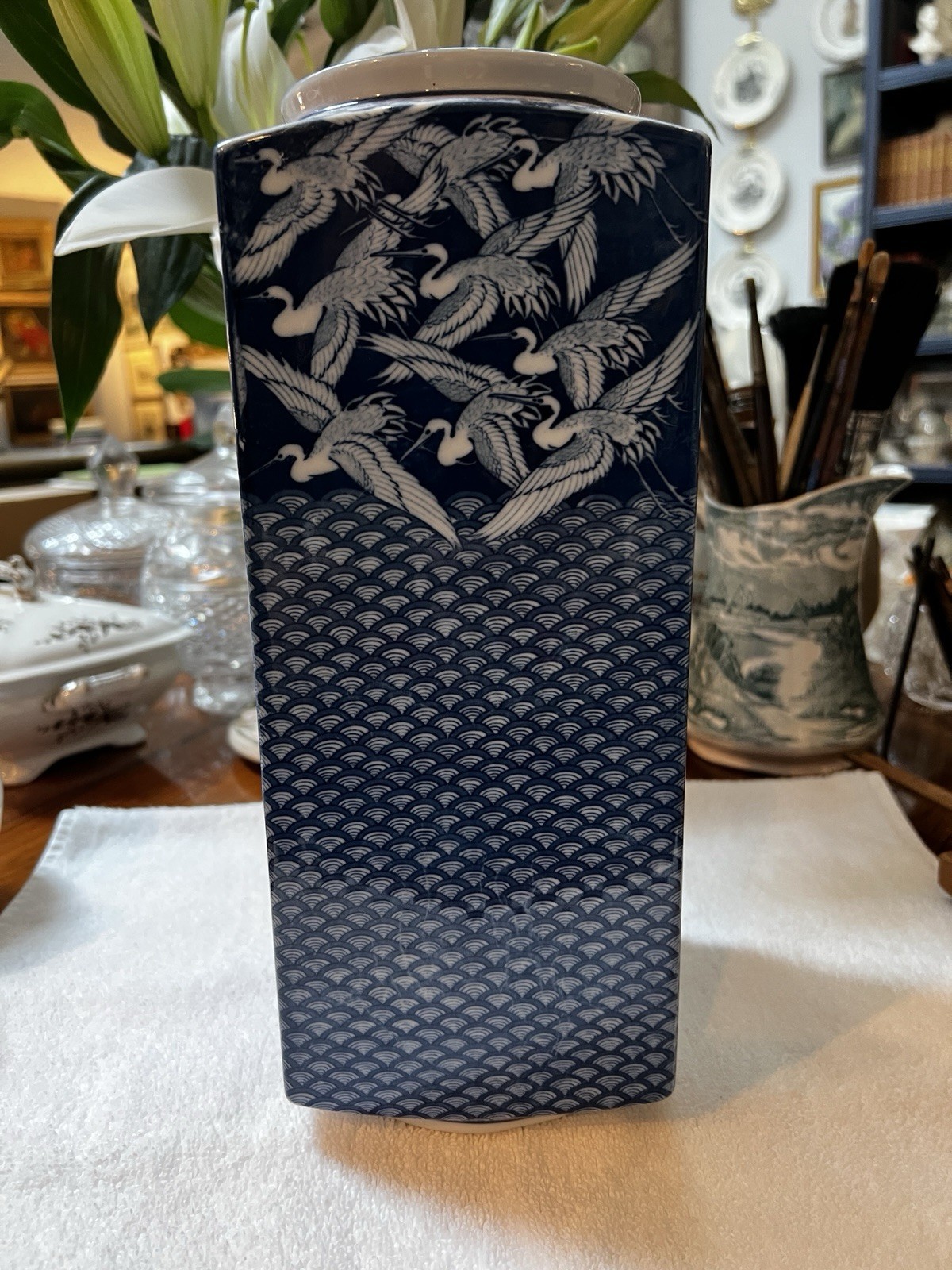 Japan Square Vase 12” Blue White Birds And Waves Seihō Ceramics/Pottery Company
