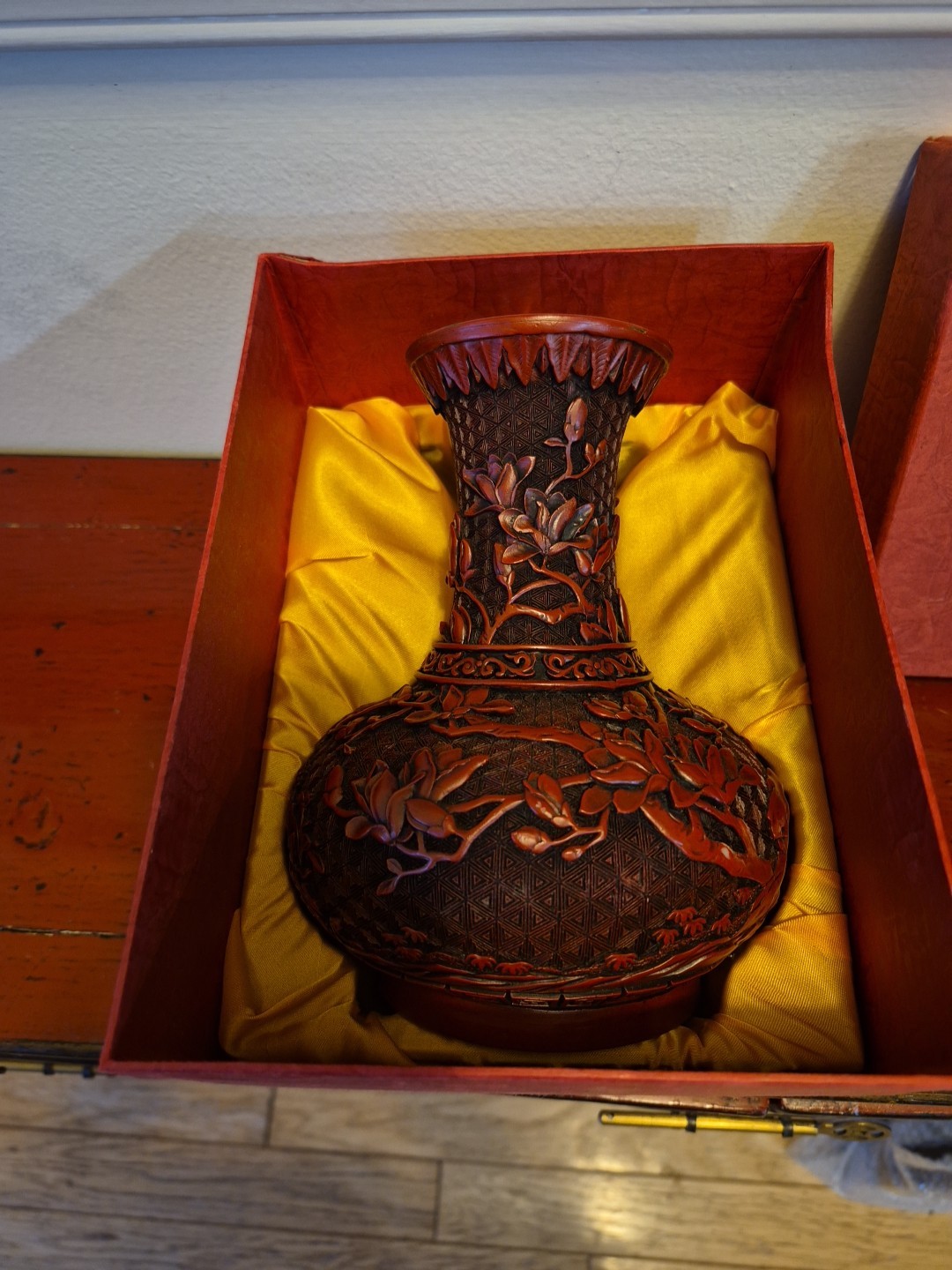 Vintage Chinese Red Cinnabar Lacquer Hand Carved Vase 7 Vintage Chinese Red Cinnabar Lacquer Hand Carved Vase 7