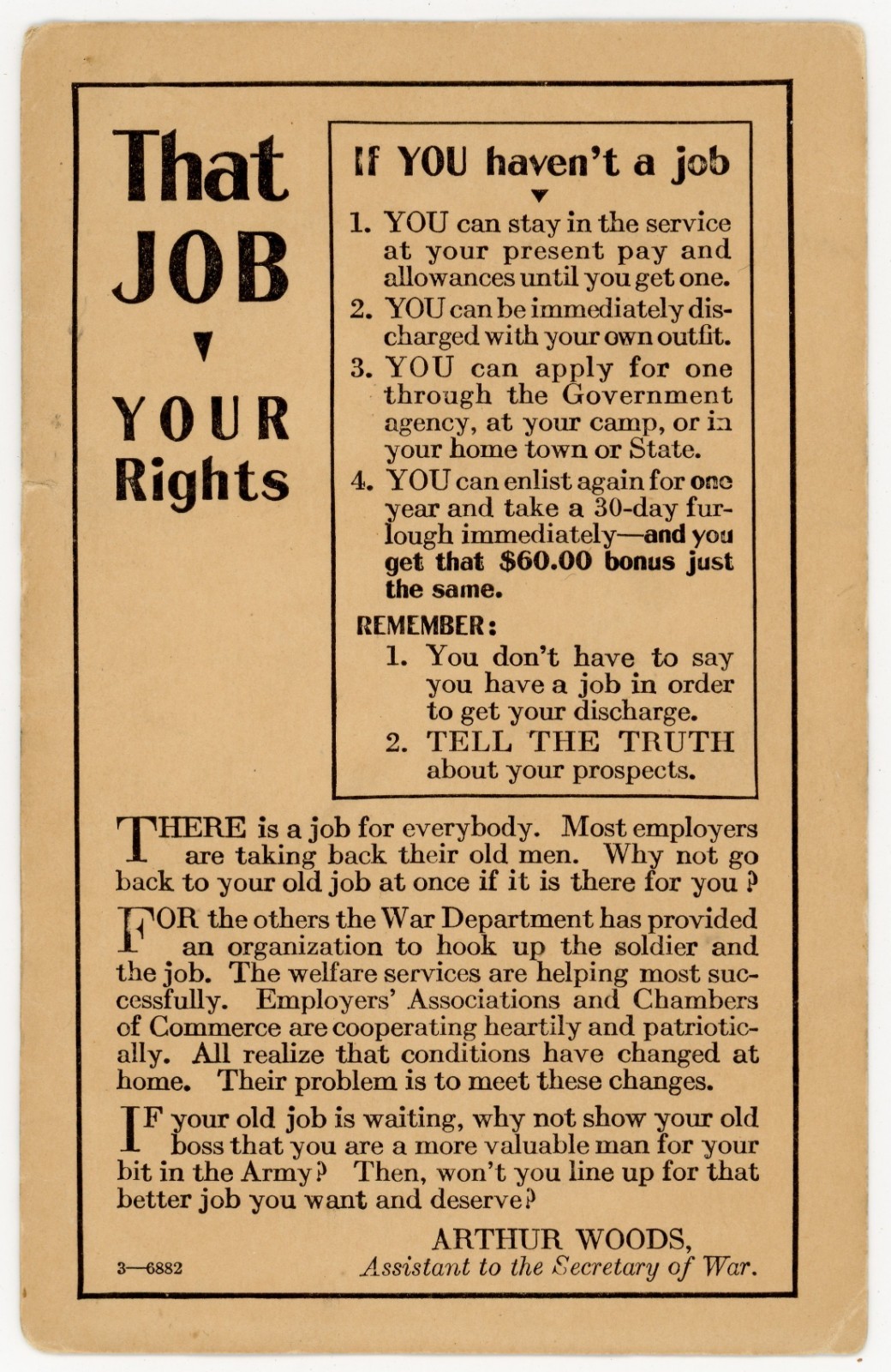 WWI 1919 Demobilization Card That Job Your Rights Arthur Woods War Dept WWI 1919 Demobilization Card That Job Your Rights Arthur Woods War Dept