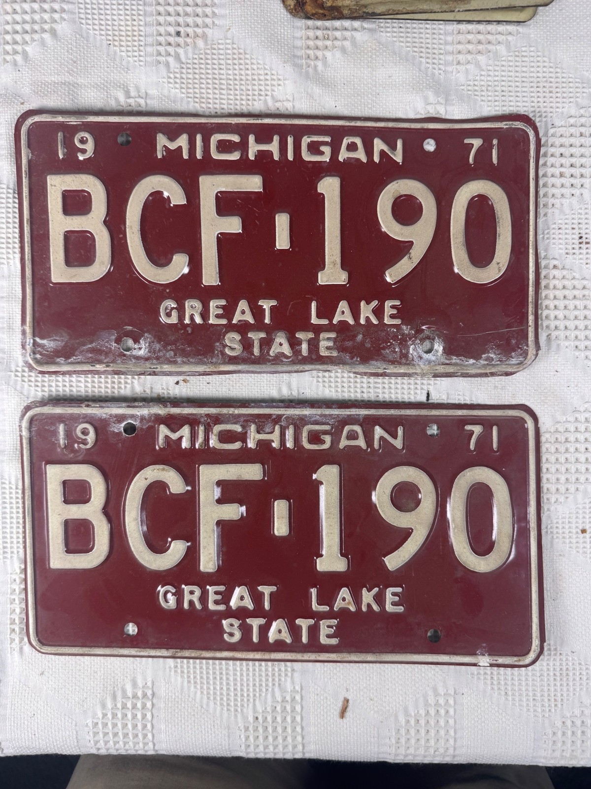 1971 Michigan State License Plates Pair BCF 190 Vintage Red w Embossed White