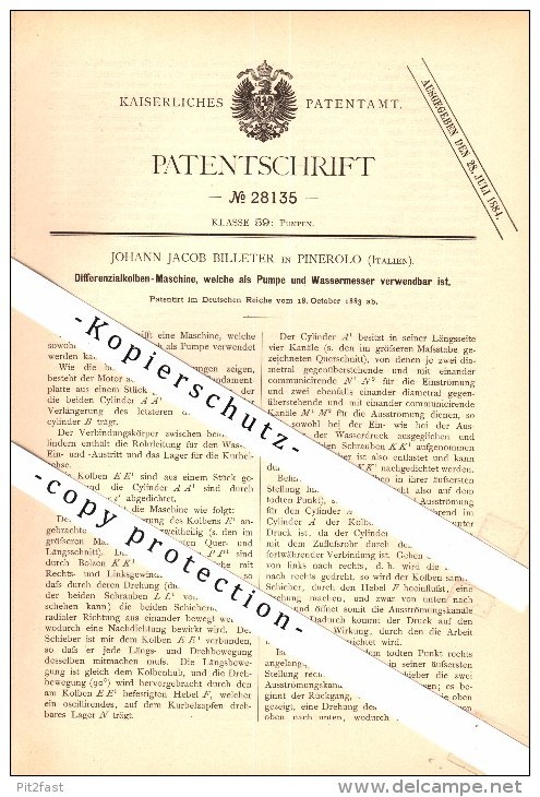 Original Patent - Johann Jacob Billeter in Pinerolo, Italia, 1883, Macchina c Original Patent - Johann Jacob Billeter in Pinerolo, Italia, 1883, Macchina c