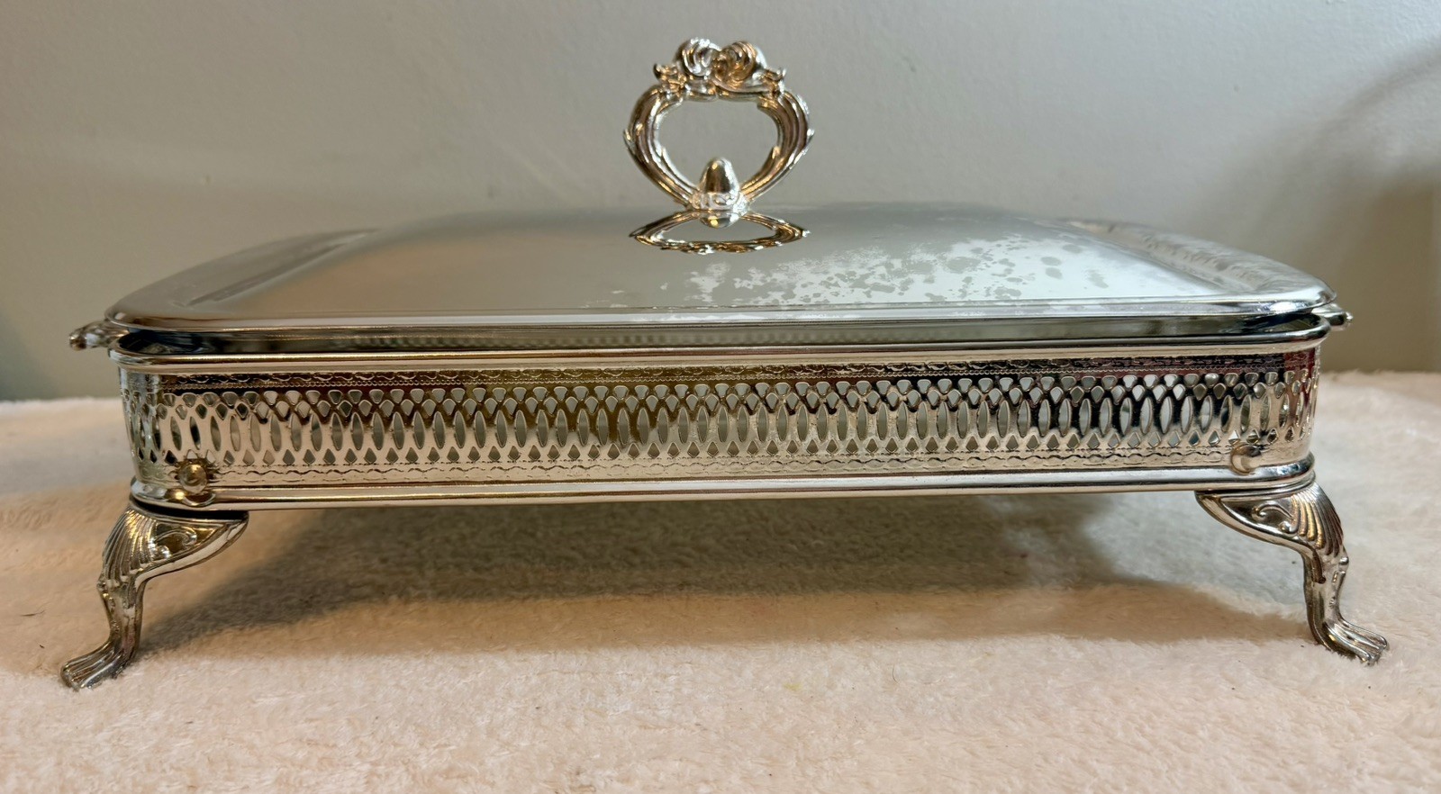 Silver Plate Lidded Covered Serving Dish with Handles and Feet. 16.5”x 9”***