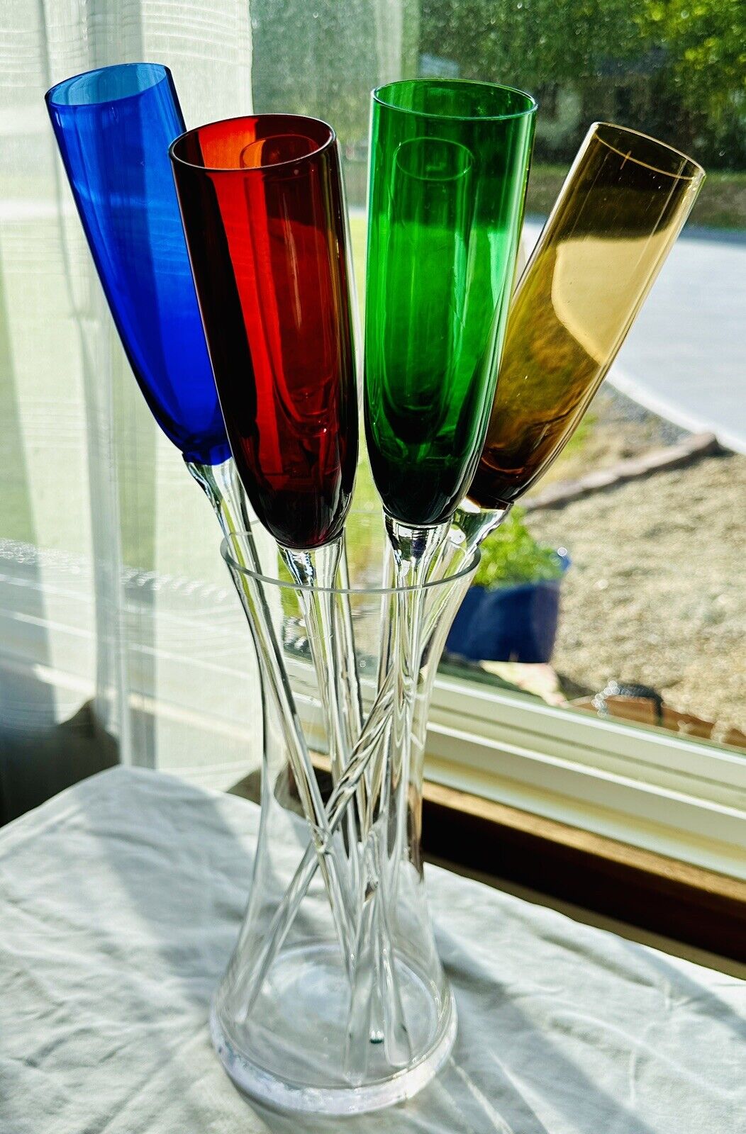 HANDBLOWN 6 Champagne Flute Glasses Colored Rainbow long -stem MINT MCM