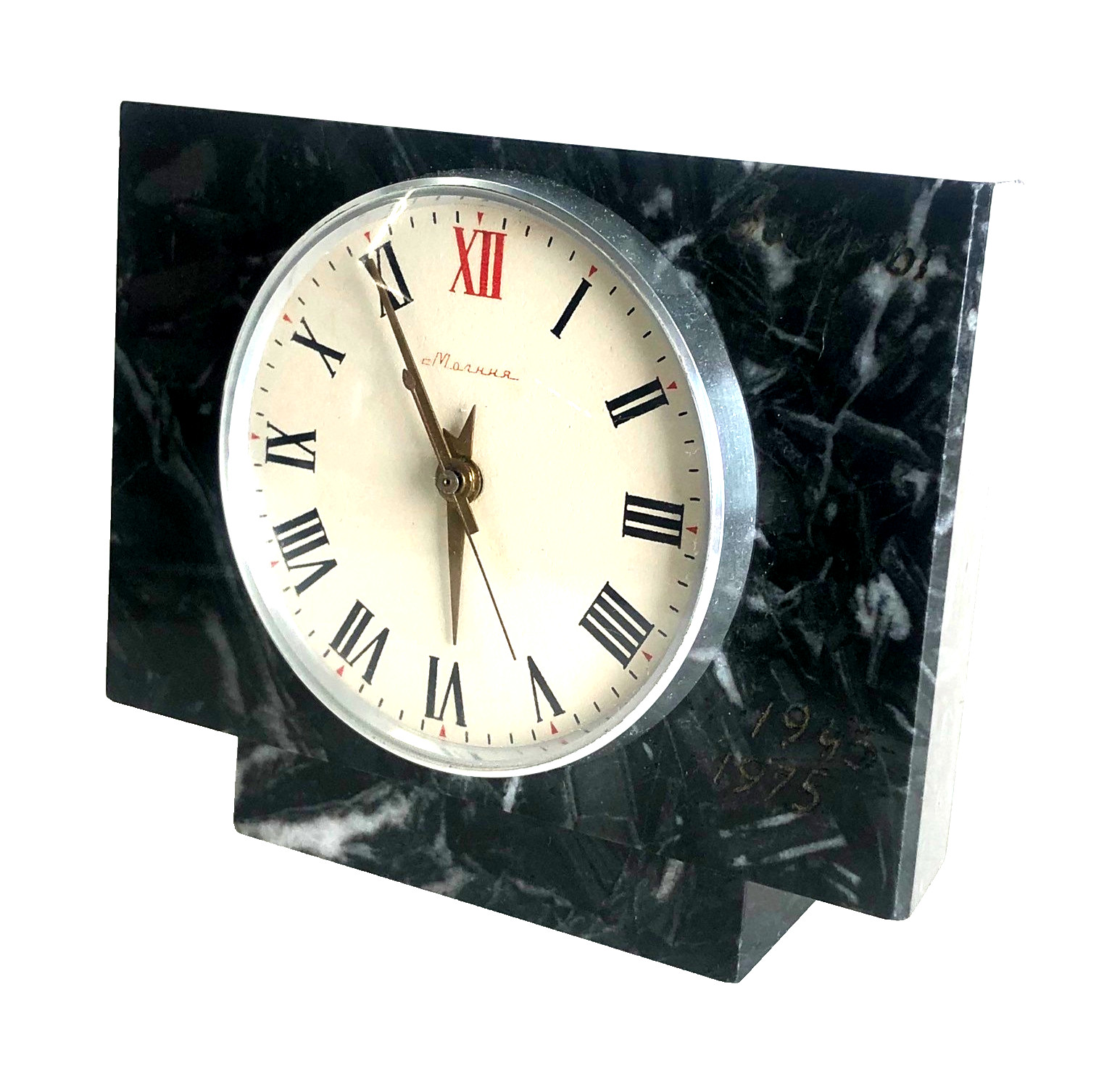 Vtg 1960s Soviet Molnija Desk Clock Black Marble Mechanical Serviced Cold War