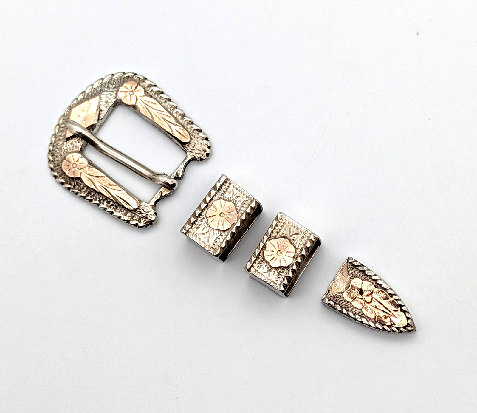 Vintage 1960s Mexico Silver w/Gold Applique 4-Pc Ranger Buckle Set - size 5/8