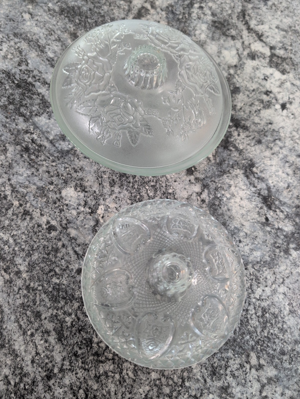 Vintage Firna Cut Glass Bowls With Lid in Heart Pattern + Rose Pattern Vintage Firna Cut Glass Bowls With Lid in Heart Pattern + Rose Pattern