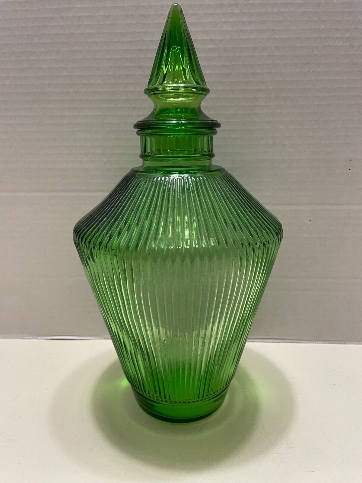 Green Glass Decanter Ribbed With Lid