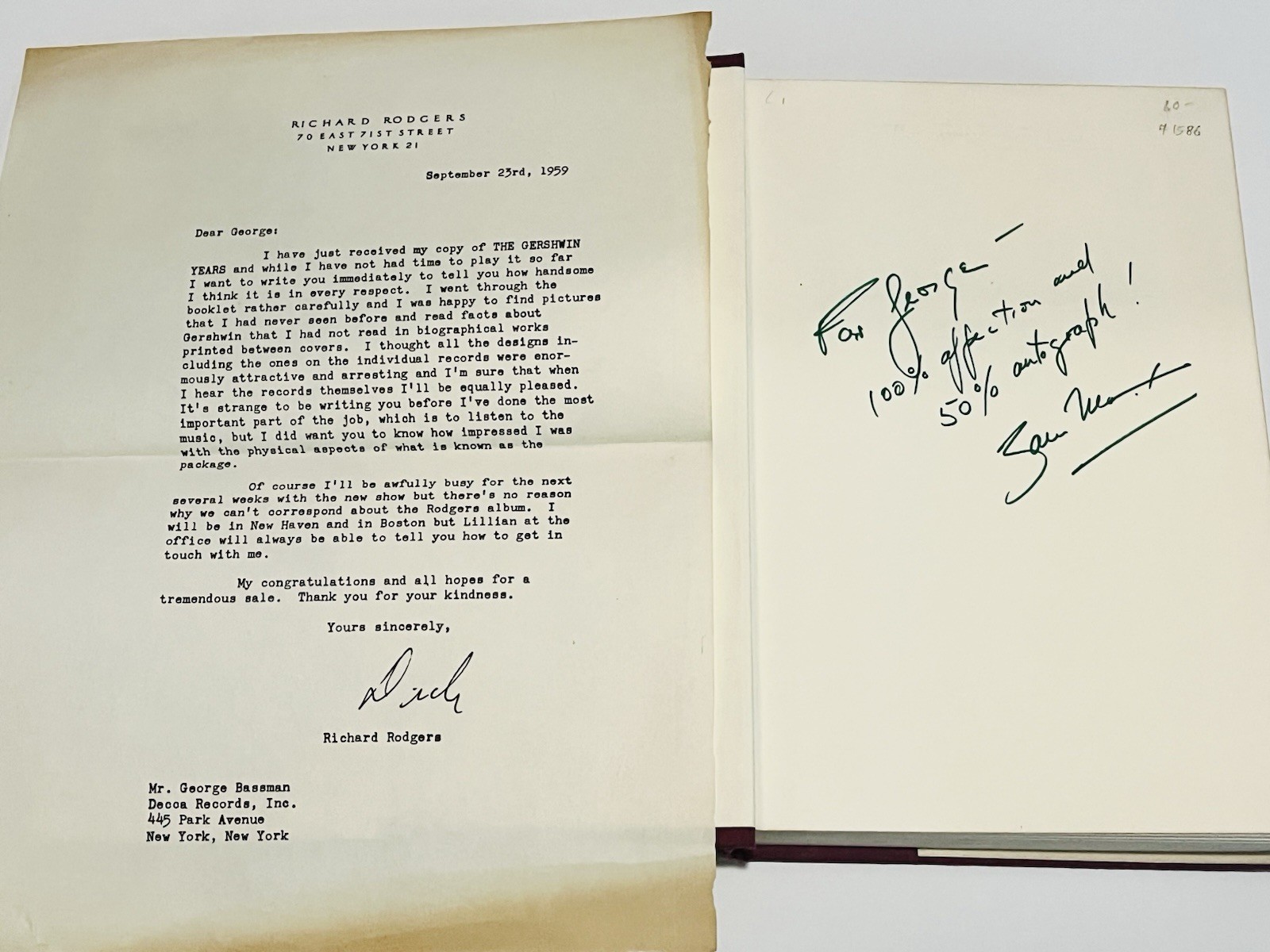 Richard Rodgers signed Letter to George Bassman and Signed Book Rodgers & Hart Richard Rodgers signed Letter to George Bassman and Signed Book Rodgers & Hart