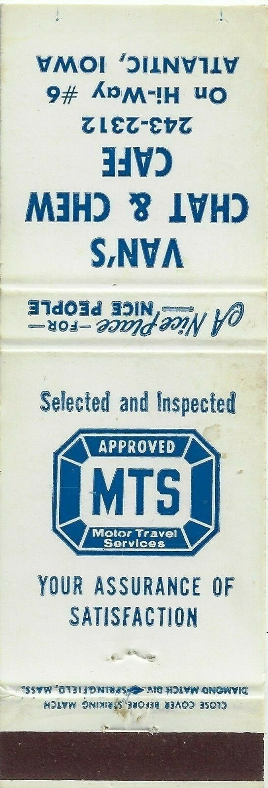 Vintage Matchbook Cover Van's Chat & Chew Cafe Atlantic Iowa Hi-way 6.