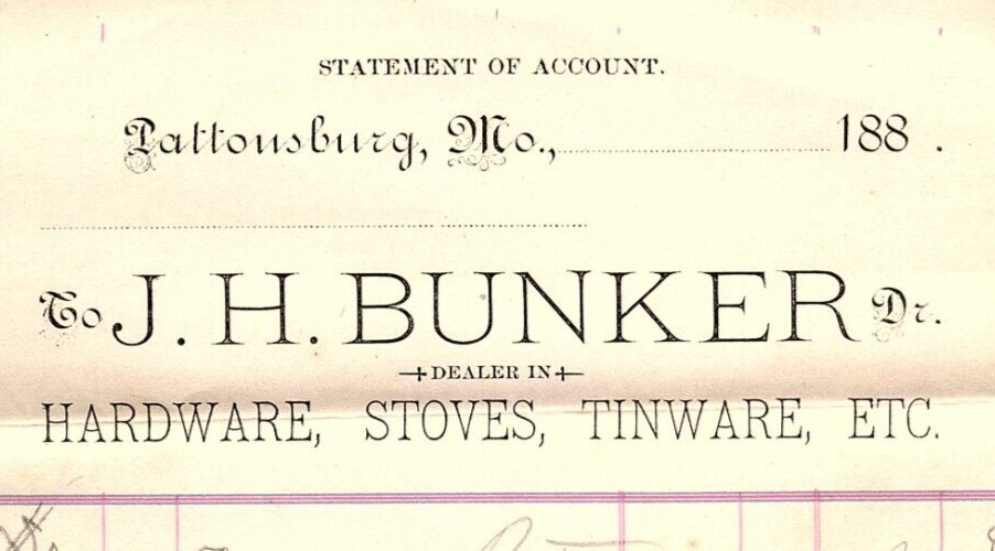 1880s PATTONSBURG MO J.H. BUNKER DEALER HARDWARE STOVES  BILLHEAD INVOICE Z1234
