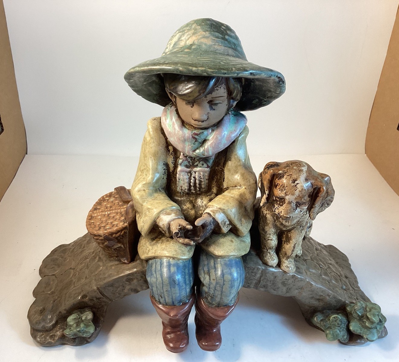 Lladro “The Old Fishing Hole” #2237 Earth-toned Gres Finish,Signed. ….FLAWED…. Lladro “The Old Fishing Hole” #2237 Earth-toned Gres Finish,Signed. ….FLAWED….