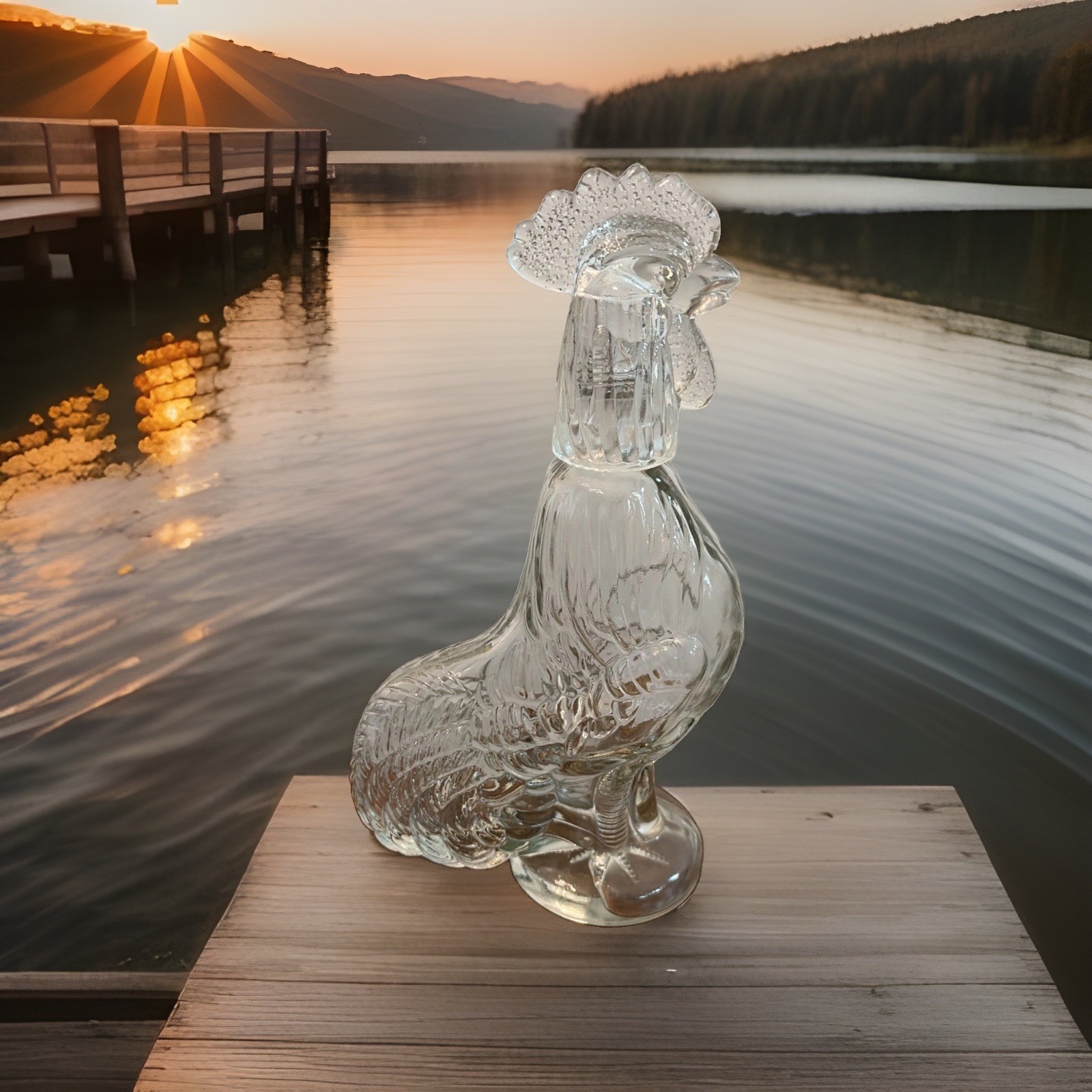 VTG 13” Clear Glass Rooster Decanter Bottle W The Head Shot Glass Cottagecore