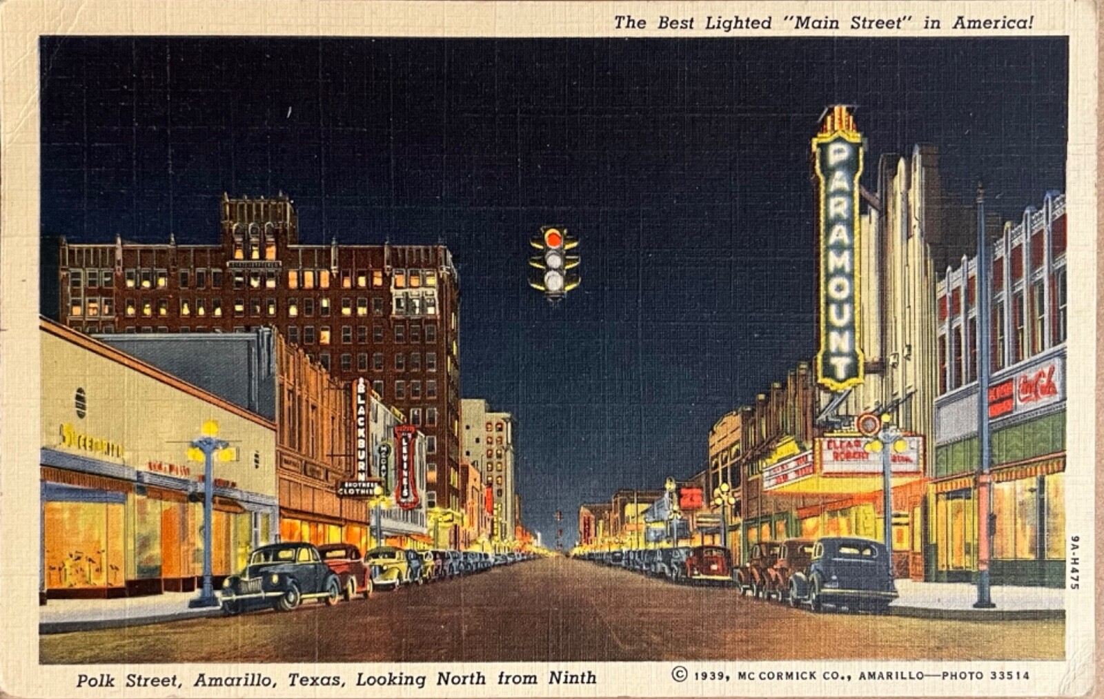 Amarillo Texas Polk Street Looking North Night View Postcard 1939