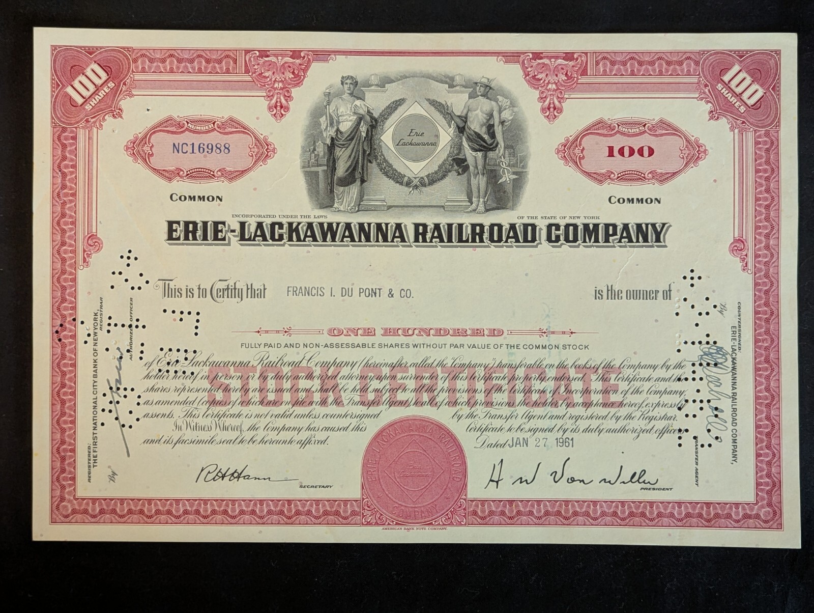 Erie Lackawanna Railroad Company Stock Certificate 1961 Cancelled 100 Shares Erie Lackawanna Railroad Company Stock Certificate 1961 Cancelled 100 Shares