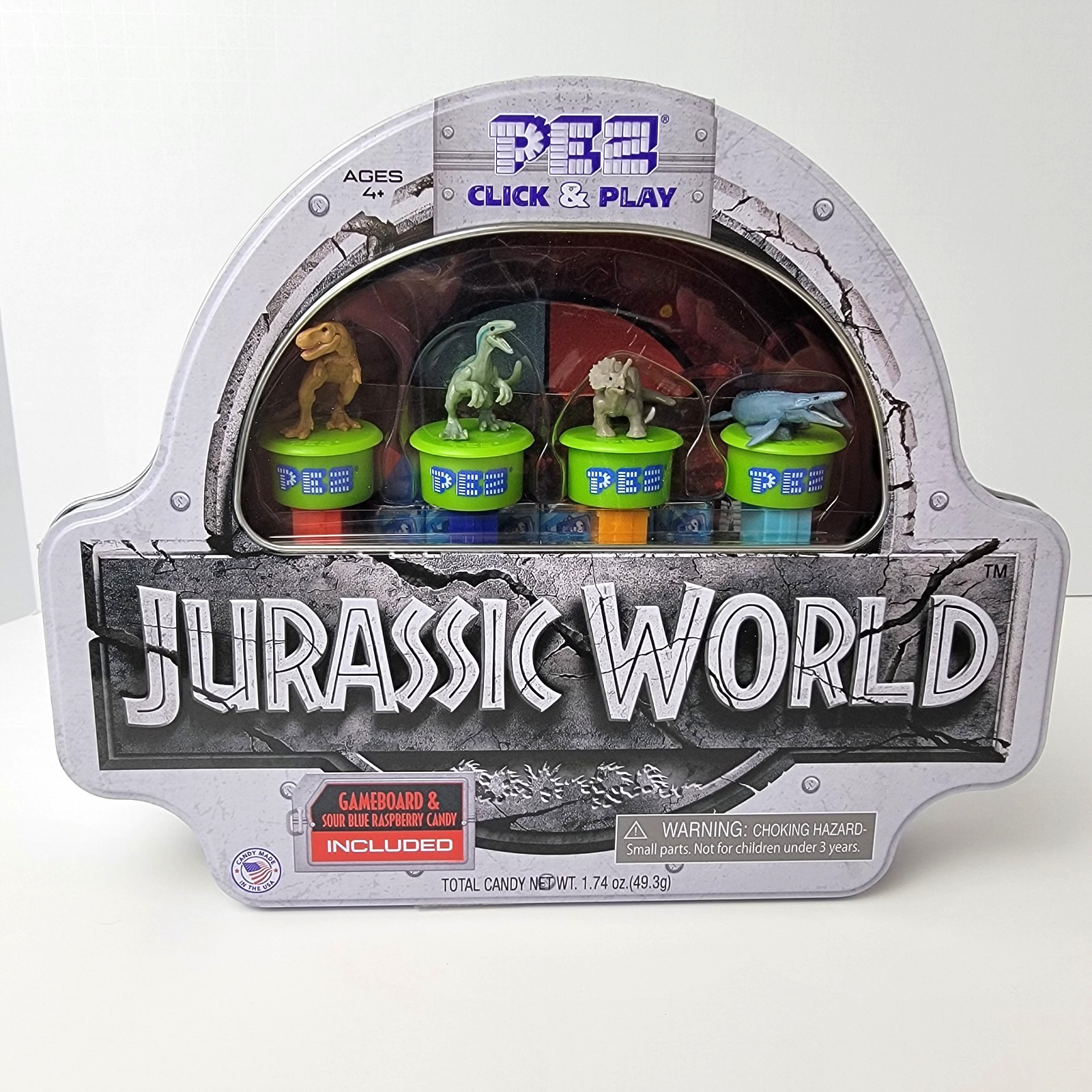 Jurassic World PEZ Click & Play Gift Tin New Sealed Gameboard 4 Dinos Board Game