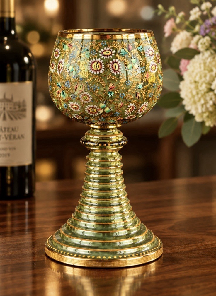 Antique Moser Bohemian Art Glass Goblet Chalice Green Enameled Beehive Stem