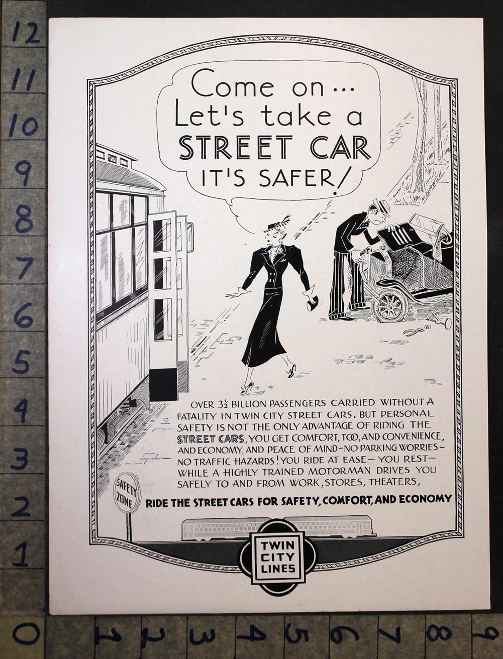 1936 TWIN CITY TRANSIT LINE STREET CAR MINNEAPOLIS M. BURWICK COMIC AD FC15080
