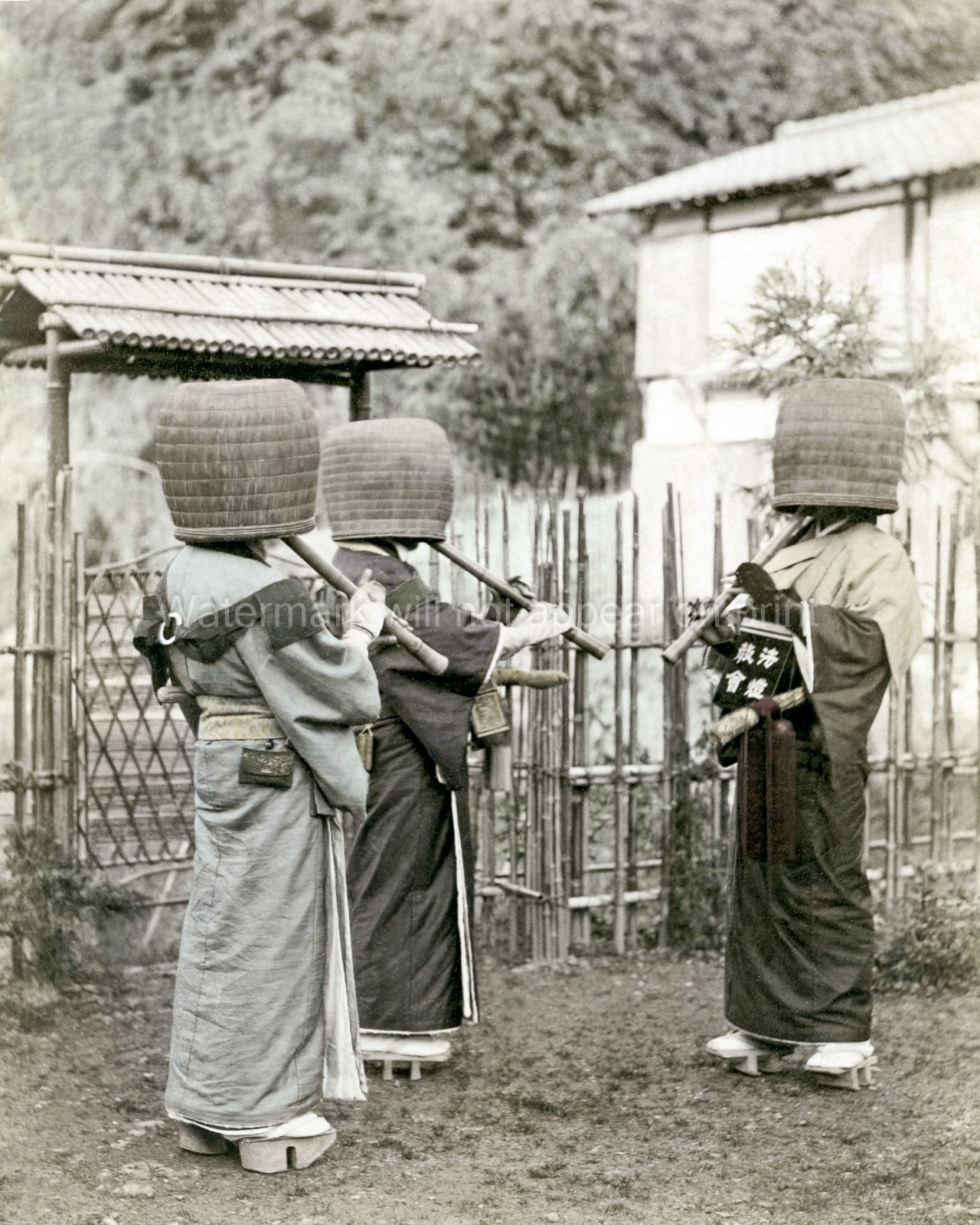 Japan Komuso Buddhist Monks Making Music Flutes Baskets Robes Vtg. Photo 19thC.