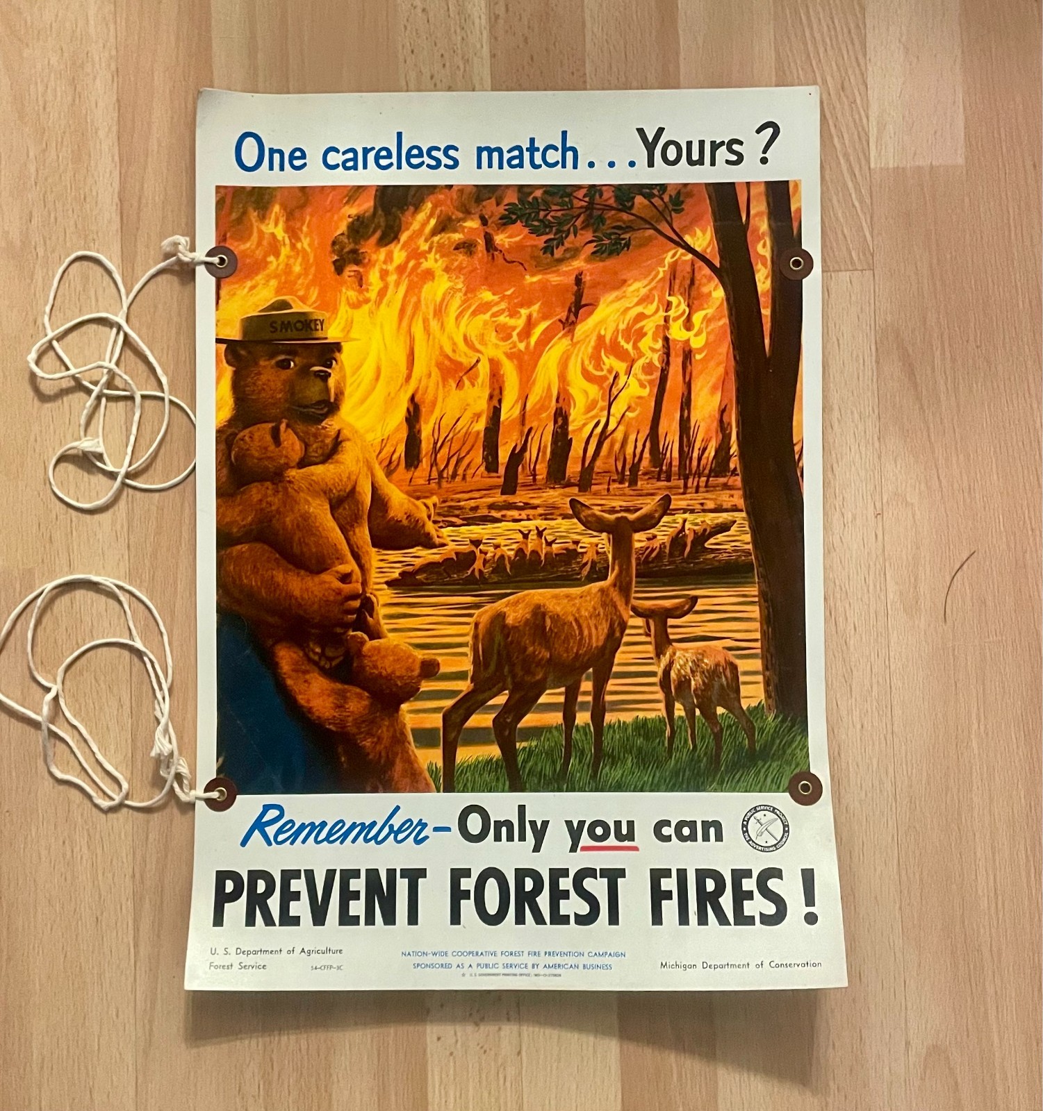 Vintage Genuine Original 1953 Smokey Bear Poster, Michigan Conservation RARE A+