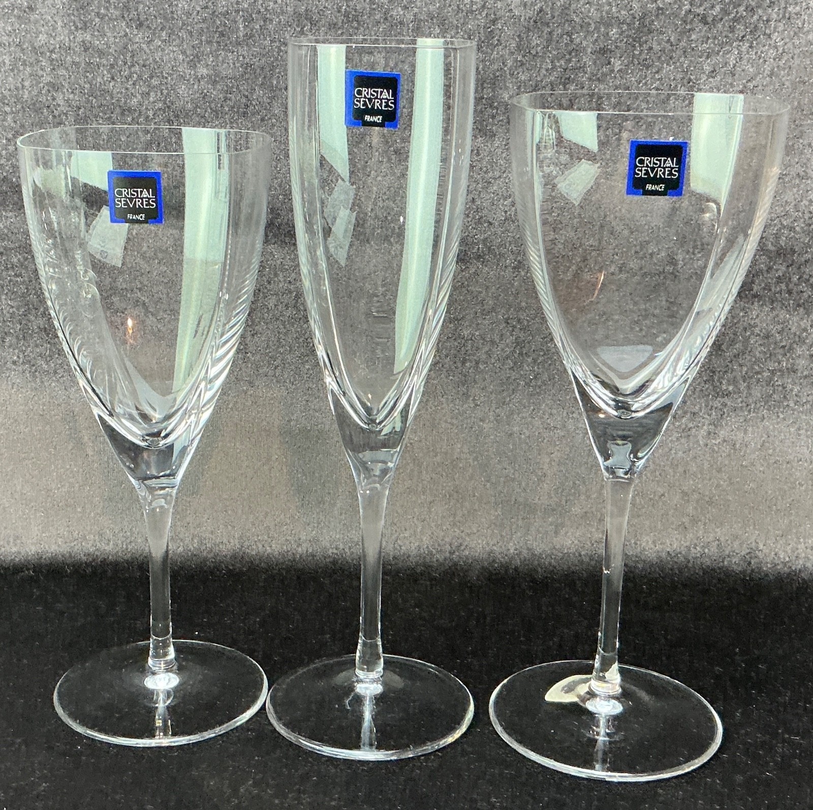 3 NEW Vintage Cristal de Sevres Beaubourg Glasses: Wine, Goblet, & Champ Flute