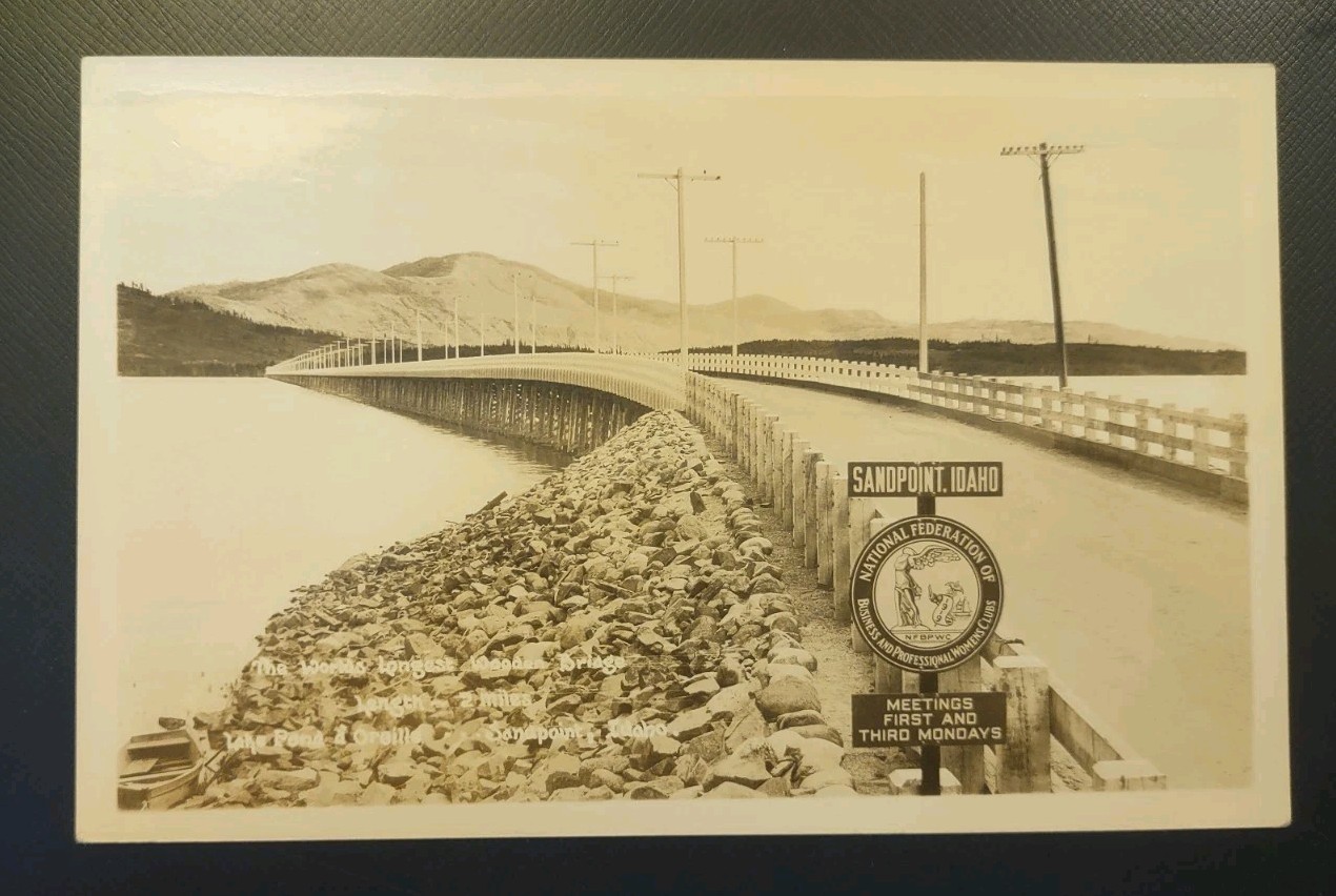 World\'s Longest Wooden Bridge Standpoint ID Real Photo Postcard Idaho RPPC 1930s